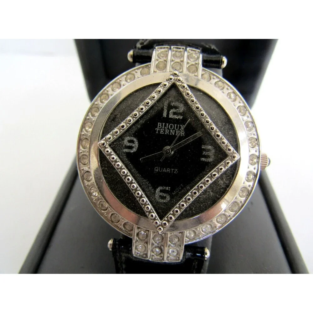 Bijoux Terner Watch Vintage Black Leather Band Quartz Japan Movement Stainless